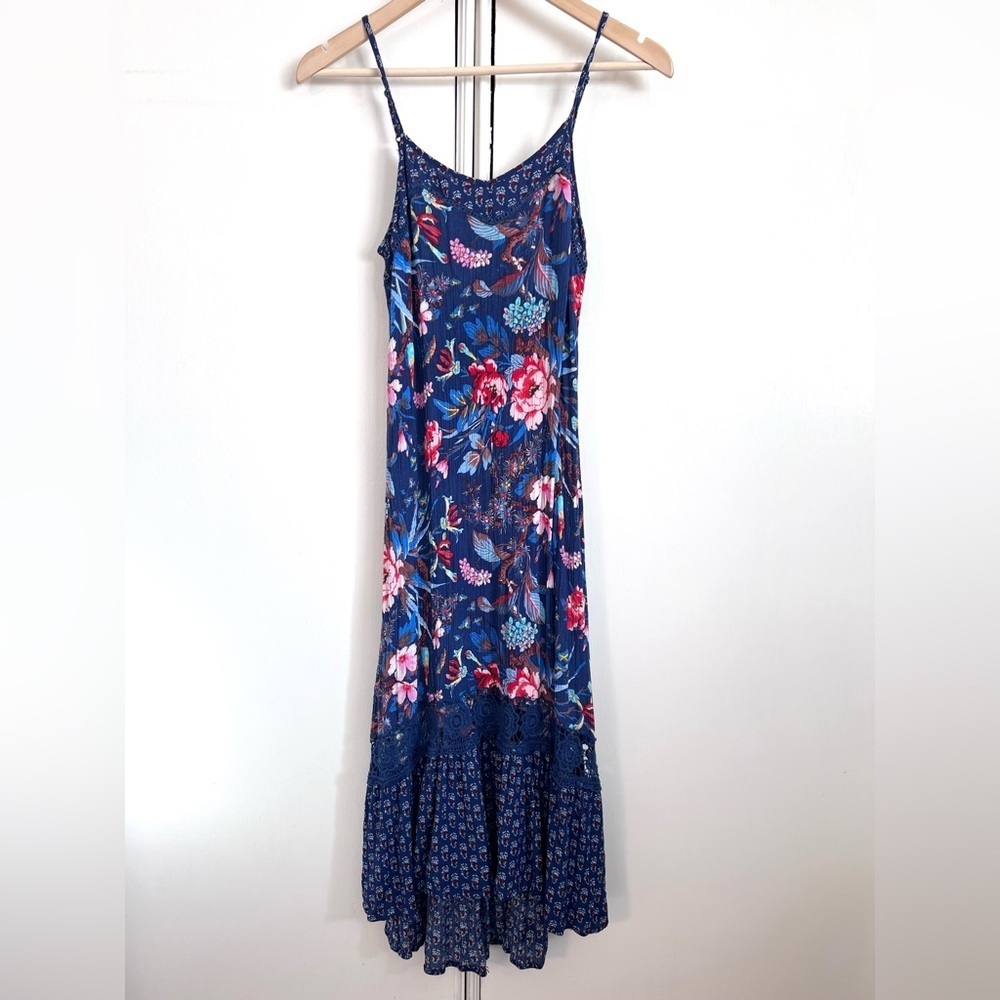Floral Midi Slip Dress with Lace Cutouts Ruffle Hem Size Small